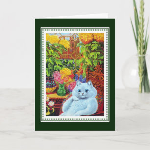 Anthropomorphic White Cat Framed by Yellow Flowers Card