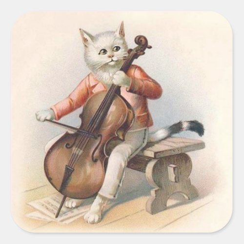 Anthropomorphic White Cat Playing Cello Square Sticker