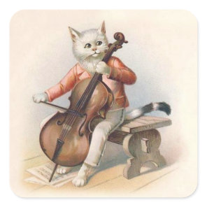 Anthropomorphic White Cat Playing Cello Square Sticker