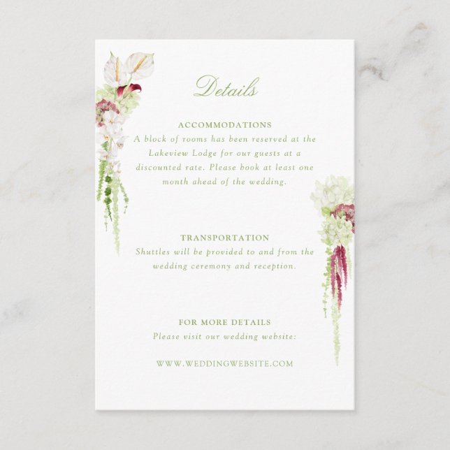  Anthurium Cascading Bouquet Wedding Details Enclosure Card (Front)