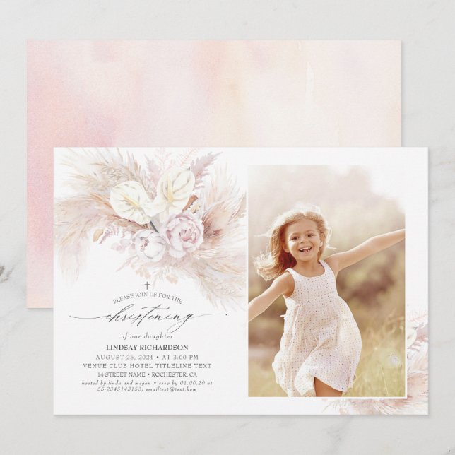 Anthurium Pampas Grass Floral Christening Photo Invitation (Front/Back)