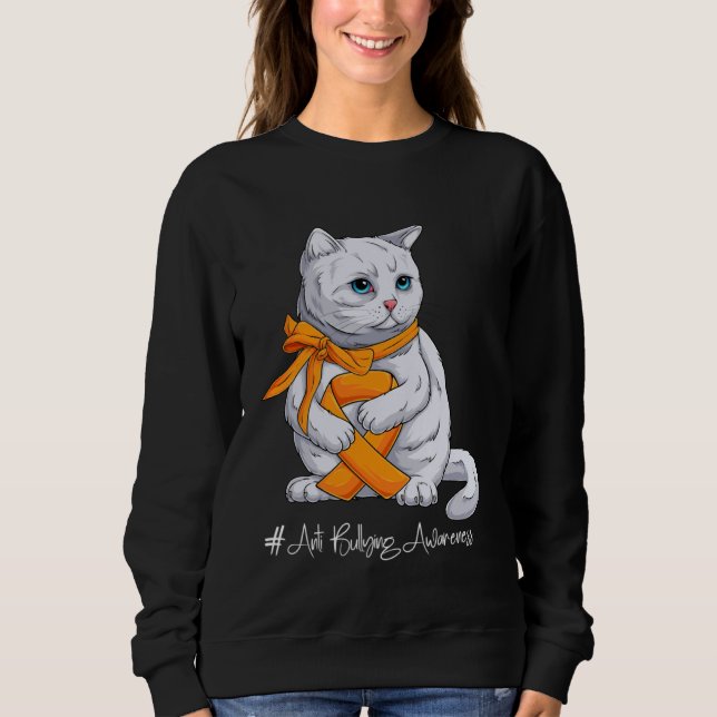 Anti Bullying Awareness Month Orange Ribbon Cat Sweatshirt (Front)