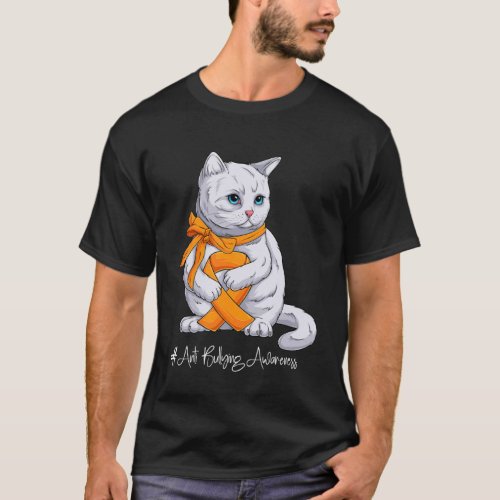 Anti Bullying Awareness Month Orange Ribbon Cat T_Shirt