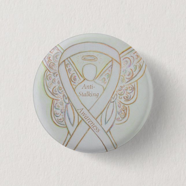 Anti-Stalking Awareness Angel White Ribbon Pin (Front)