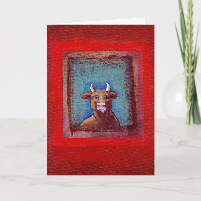 Anti-valentine Mad Cow sad upset emotional art Holiday Card (Front)