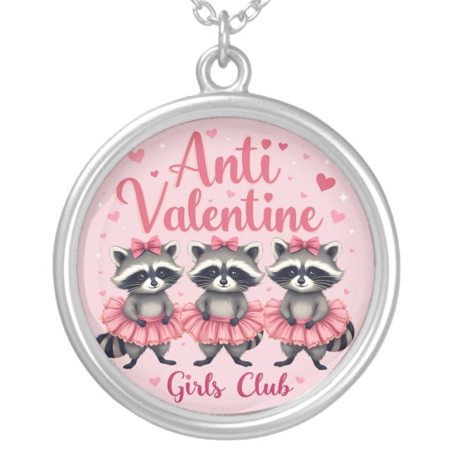 Anti Valentine’s Day Funny Raccoon Cute Kawaii Silver Plated Necklace (Front)