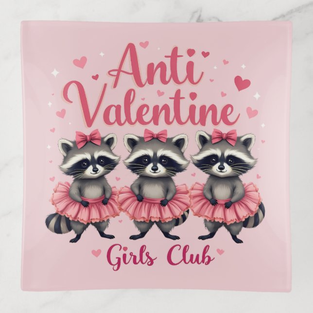 Anti Valentine’s Day Funny Raccoon Cute Kawaii Trinket Tray (Front)