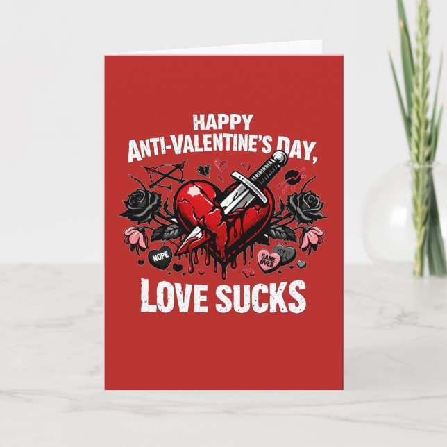 Anti-Valentine's Love Sucks Broken Heart Dagger Card (Front)