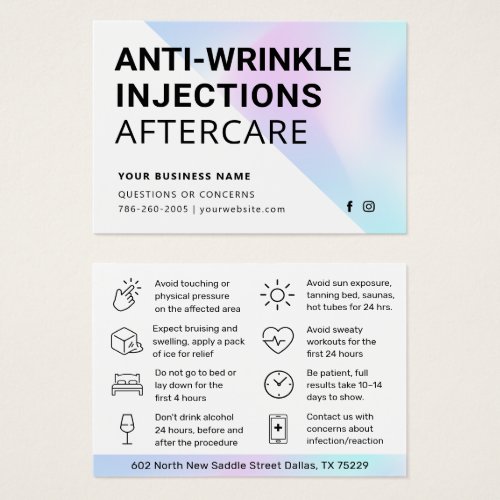 Anti Wrinkle Injections Aftercare Instruction Card
