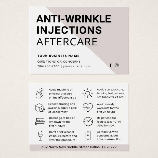 Anti Wrinkle Injections Botox Aftercare Card  (Front & Back)