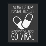 Antibiotics Viral Science Researcher Pharmacist Postcard<br><div class="desc">Funny Pharmacy Tech Quote Gift for Medical Worker. Antibiotics Will Never Go Viral. Pharmacist Saying Pharmacy Technician Student Doctor Humor.</div>