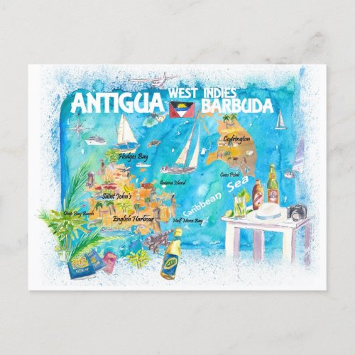 Antigua Barbuda Antilles Illustrated Caribbean  Postcard