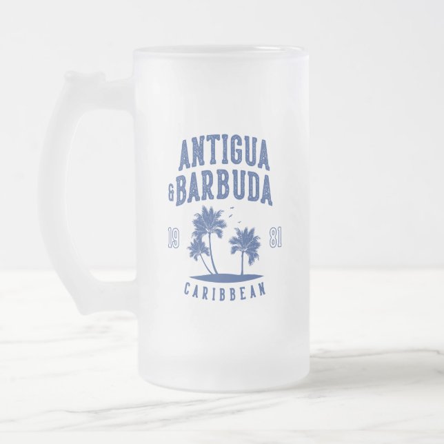 Antigua & Barbuda Caribbean Palm Tree Frosted Glass Beer Mug (Left)