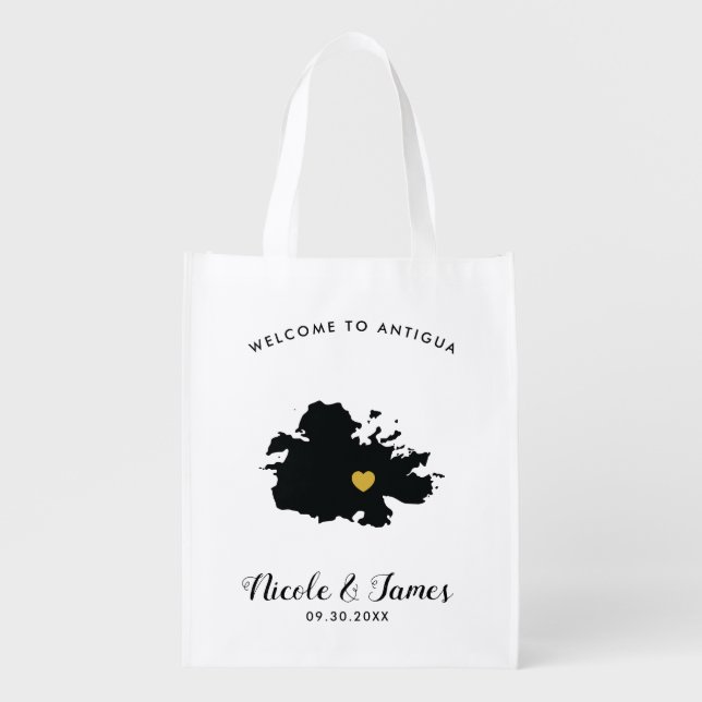 Antigua Wedding Welcome Bag, Black and Gold Grocery Bag (Front)