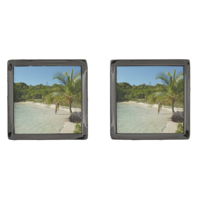 Antiguan Beach Beautiful Tropical Landscape Gunmetal Finish Cufflinks (Front)