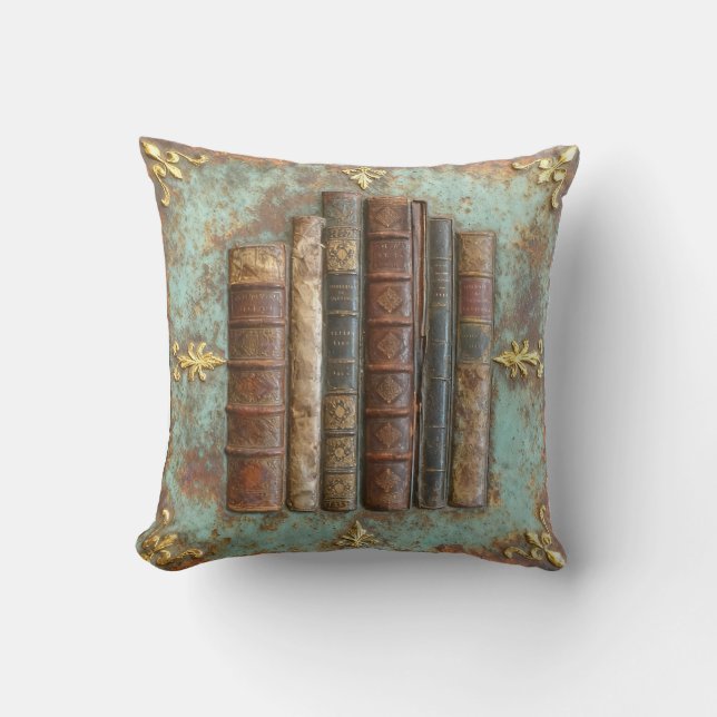 Antike Bücher auf Türkis-Goldener Metallplatte |  Throw Pillow (Front)