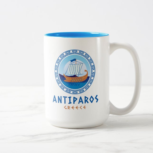 Antiparos, Greece Greek Ship Design Two-Tone Coffee Mug (Right)