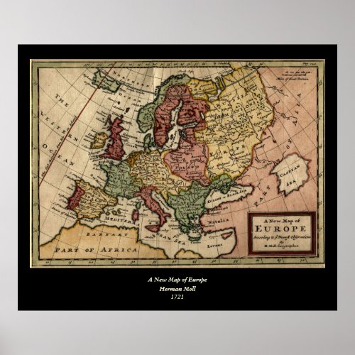 Antiquarian 1721 Map of Europe by Herman Moll Poster