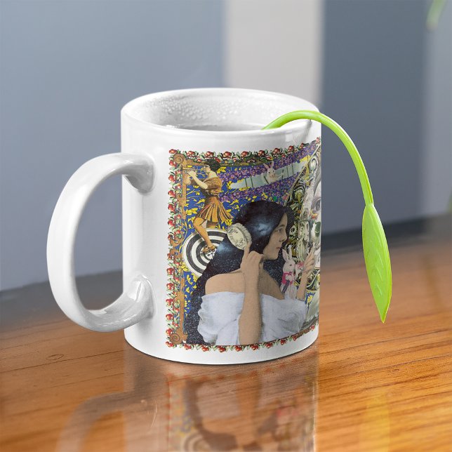Antiquarian Imaginarium Collage Mug  (Mug with tea on table)