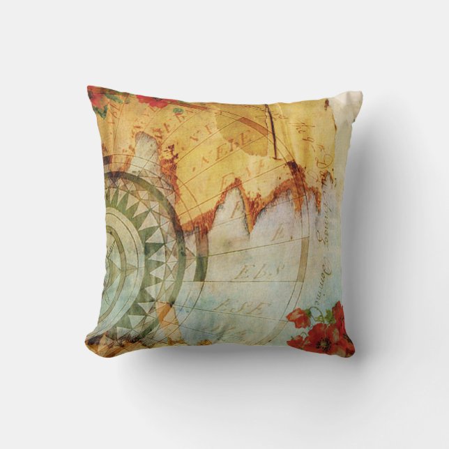 Antiquarian Map Compass & Poppies Pillow (Front)