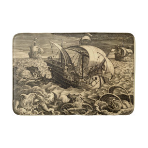 Antique 1590 Ships And Sea Monsters Bath Mat