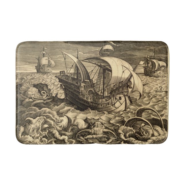 Antique 1590 Ships And Sea Monsters Bath Mat (Front)