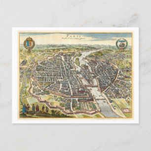 Antique 1620 Map of Paris, France, Postcard
