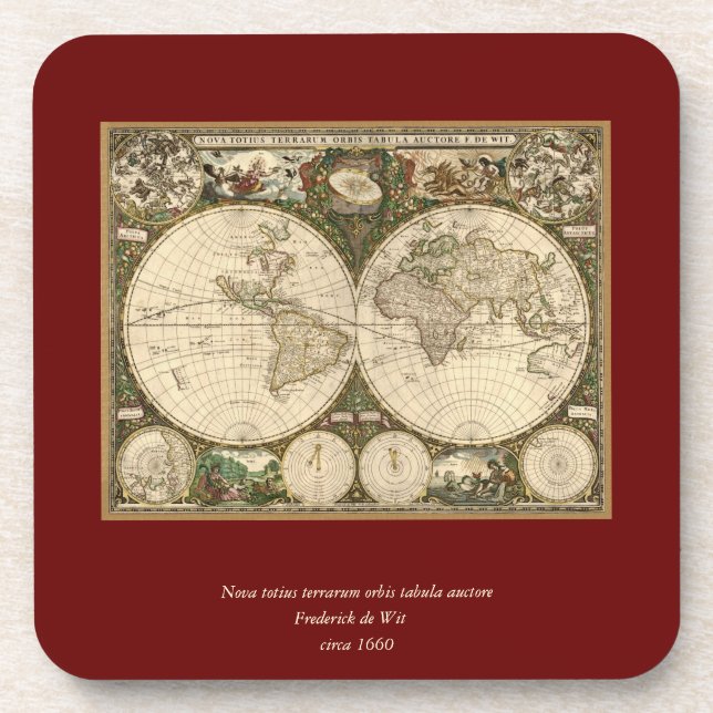 Antique 1660 World Map by Frederick de Wit Beverage Coaster (Front)