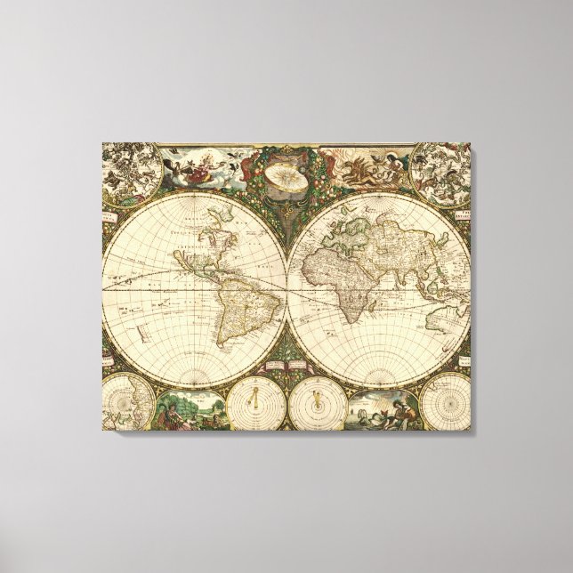 Antique 1660 World Map by Frederick de Wit Canvas Print (Front)