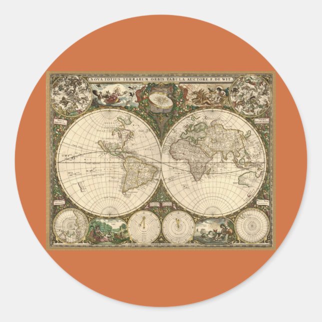 Antique 1660 World Map by Frederick de Wit Classic Round Sticker (Front)