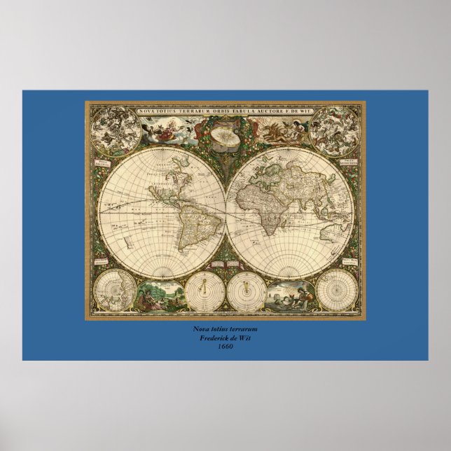 Antique 1660 World Map by Frederick de Wit Poster (Front)