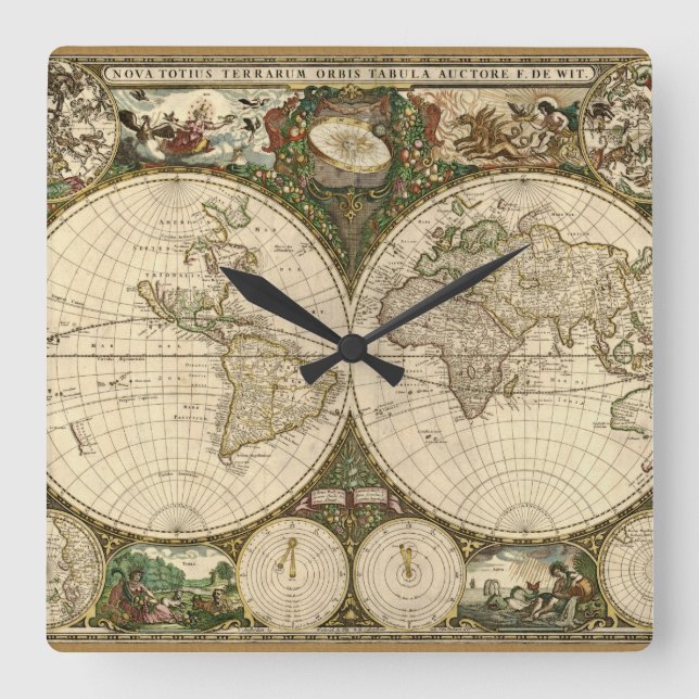 Antique 1660 World Map by Frederick de Wit Square Wall Clock (Front)