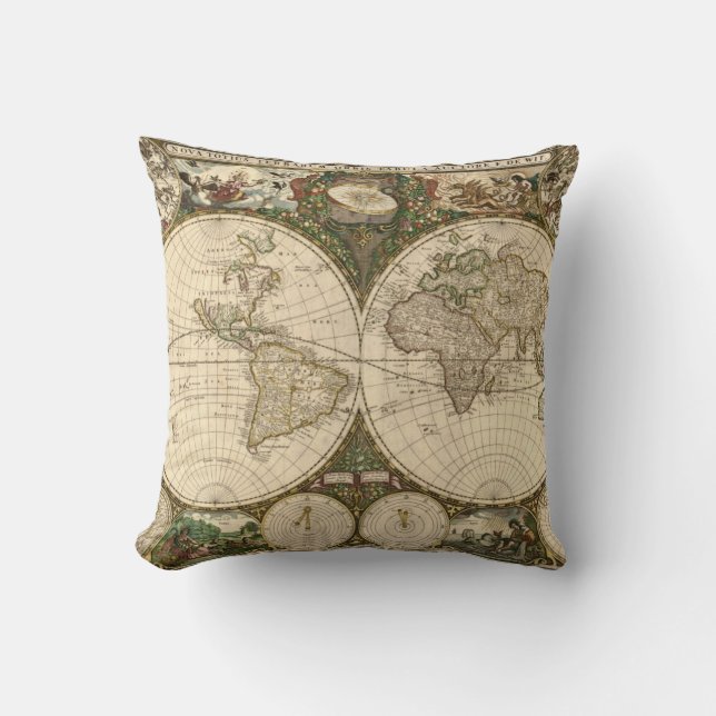 Antique 1660 World Map by Frederick de Wit Throw Pillow (Front)