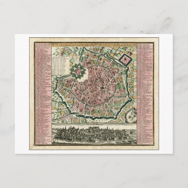 Antique 1730 Map of Milan, Italy, Postcard (Front)