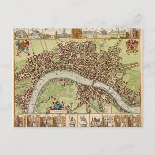 Antique 17th Century Map of London W Hollar Postcard