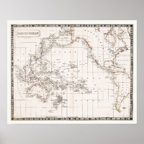 Antique 1800s map of the Pacific Ocean Poster