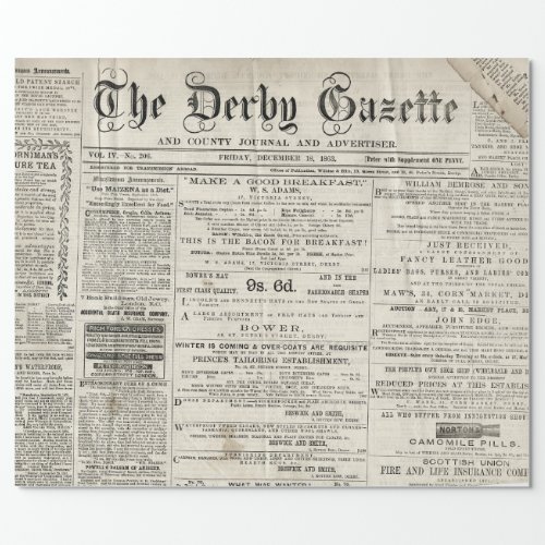 ANTIQUE 1863 NEWSPRINT DECOUPAGE WRAPPING PAPER