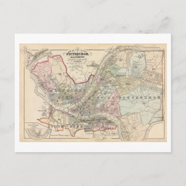 Antique 1872 Map of Pittsburgh and Allegheny Postcard (Front)