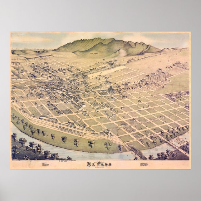Antique 1885 Map of El Paso, Texas, USA Poster (Front)