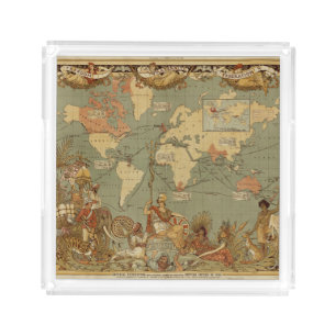 Antique 1886 World Map British Empire Poster Acrylic Tray