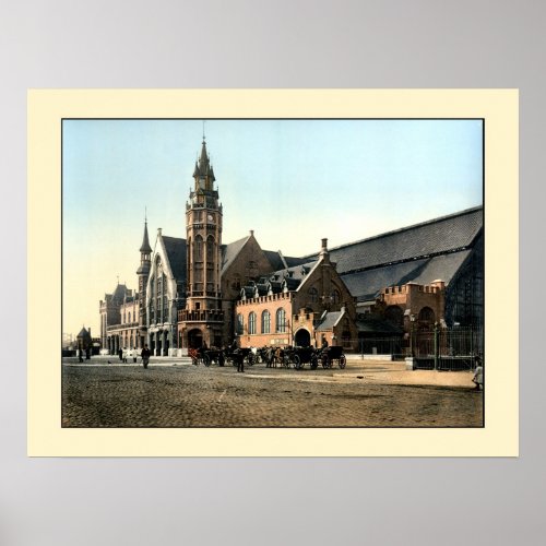 Antique 1890 color photo Bruges railroad station Poster