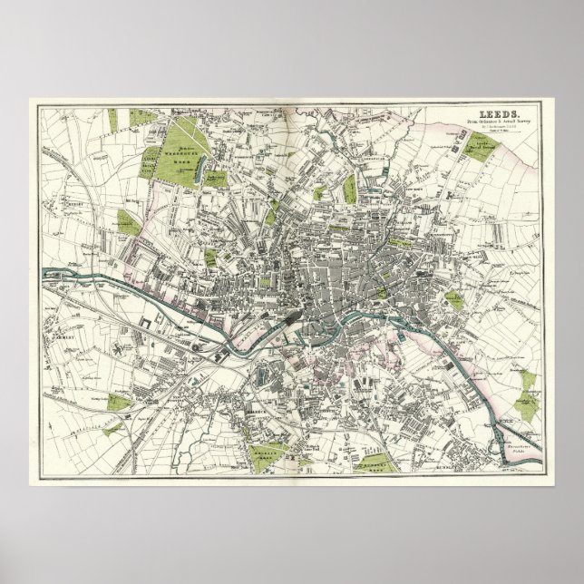 Antique 19th Century Map of Leeds Poster (Front)