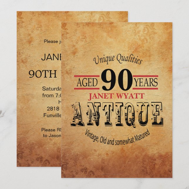Antique 90th Birthday Invitation (Front/Back)