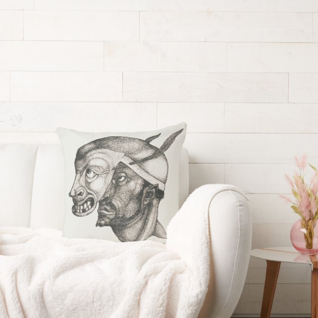 Antique abstract art, man's face with mask throw pillow (Couch)
