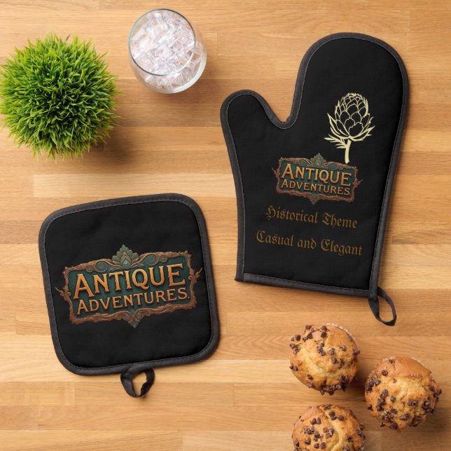 Antique Adventures Typography Art Timeless -  Oven Mitt & Pot Holder Set (Top Down)