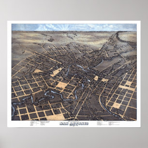 Antique Aerial City Map of San Antonio, Texas 1873 Poster