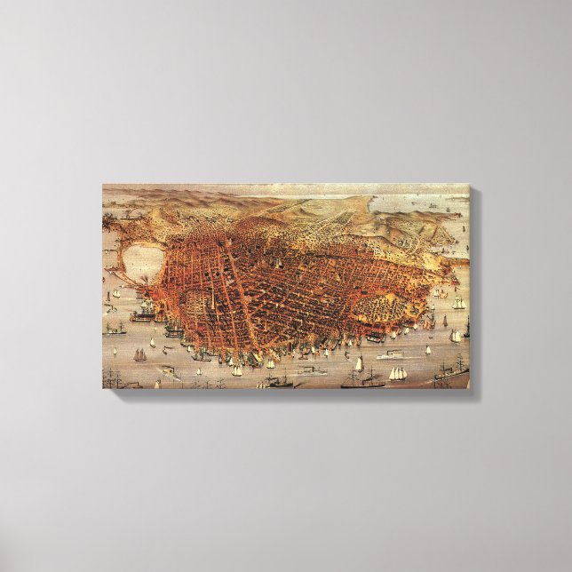 Antique Aerial Map, San Francisco City, California Canvas Print (Front)