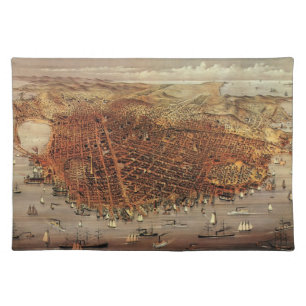 Antique Aerial Map, San Francisco City, California Cloth Placemat