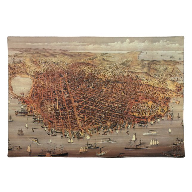 Antique Aerial Map, San Francisco City, California Cloth Placemat (Front)