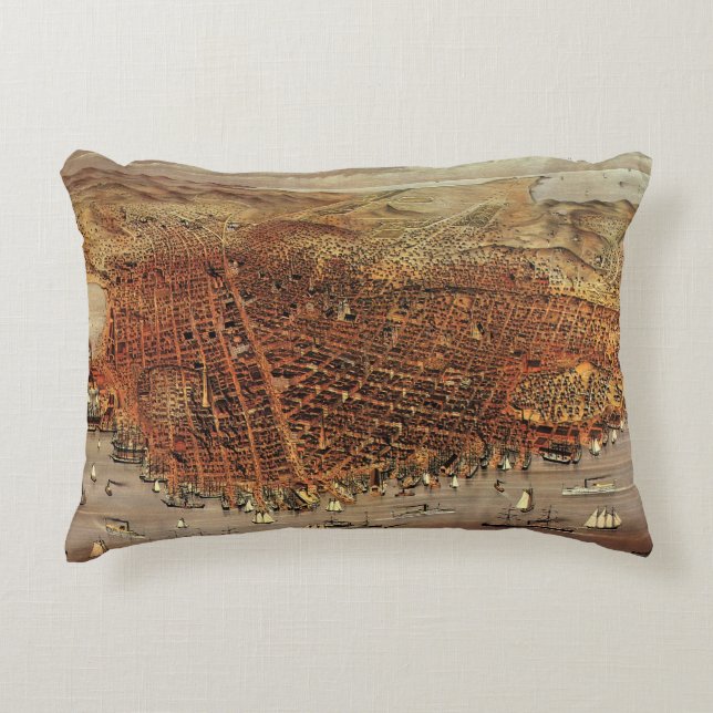 Antique Aerial Map, San Francisco City, California Decorative Pillow (Front)